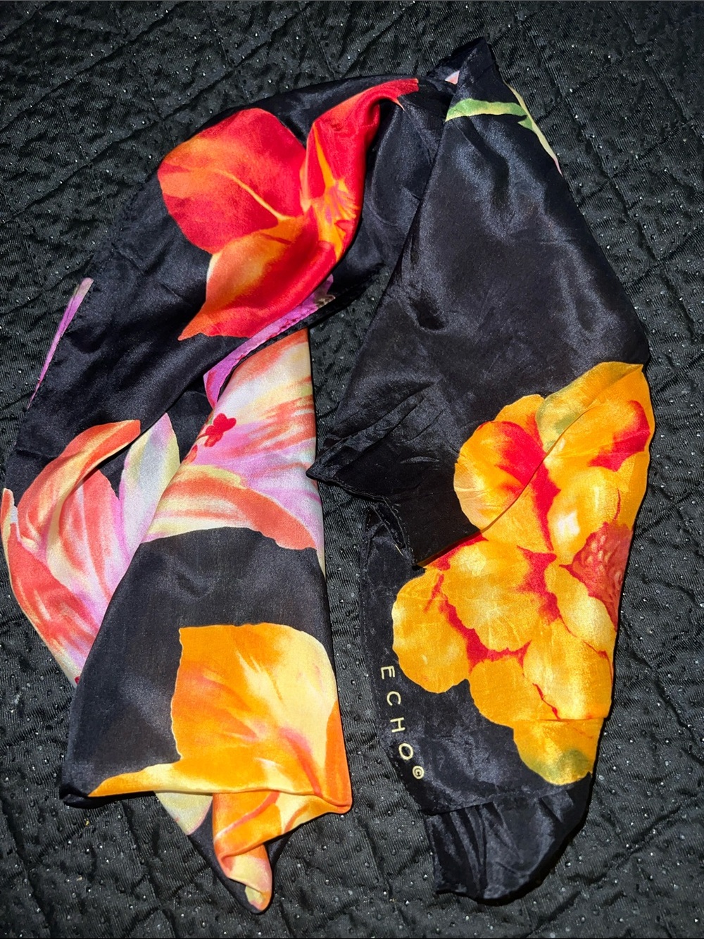Vintage ECHO Silk Floral Long Rectangular Scarf Black Red Orange Yellow